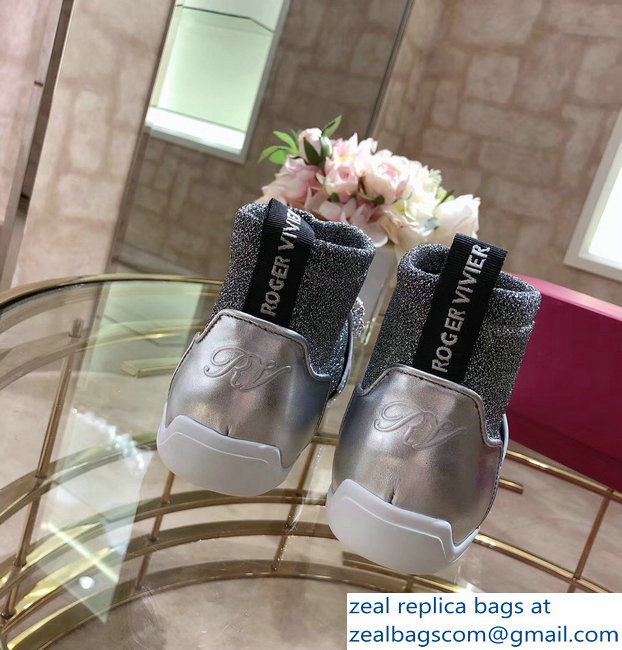 Roger Vivier Sporty Viv' Flower Strass Rivets Buckle High-Top Sneakers Glitter Silver Gray 2018