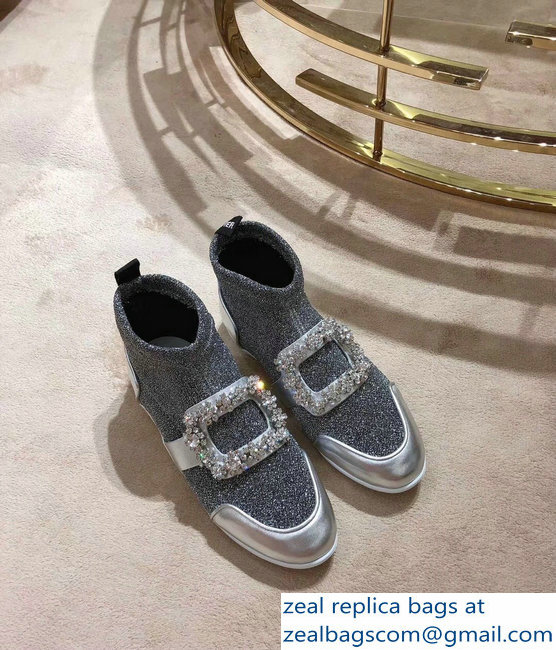 Roger Vivier Sporty Viv' Flower Strass Rivets Buckle High-Top Sneakers Glitter Silver Gray 2018