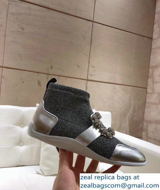Roger Vivier Sporty Viv' Flower Strass Rivets Buckle High-Top Sneakers Glitter Silver Gray 2018