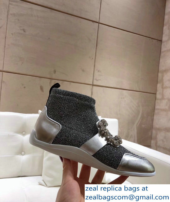 Roger Vivier Sporty Viv' Flower Strass Rivets Buckle High-Top Sneakers Glitter Silver Gray 2018 - Click Image to Close