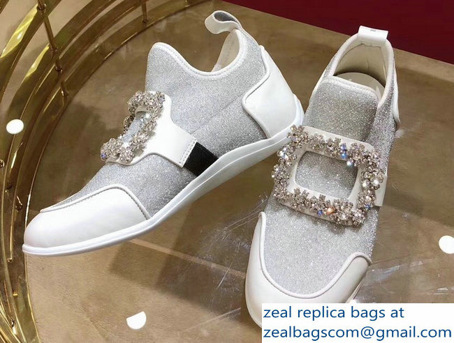 Roger Vivier Sporty Viv' Flower Strass Rivets Buckle Sneakers Glitter Silver 2018 - Click Image to Close