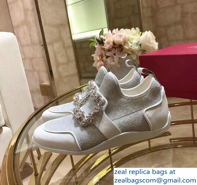 Roger Vivier Sporty Viv' Flower Strass Rivets Buckle Sneakers Glitter Silver 2018 - Click Image to Close