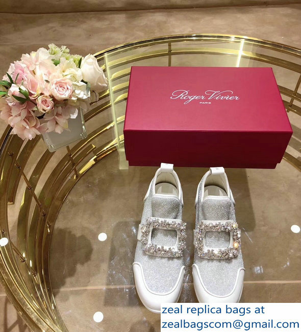 Roger Vivier Sporty Viv' Flower Strass Rivets Buckle Sneakers Glitter Silver 2018 - Click Image to Close