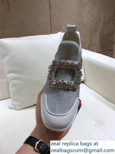 Roger Vivier Sporty Viv' Flower Strass Rivets Buckle Sneakers Glitter Silver 2018