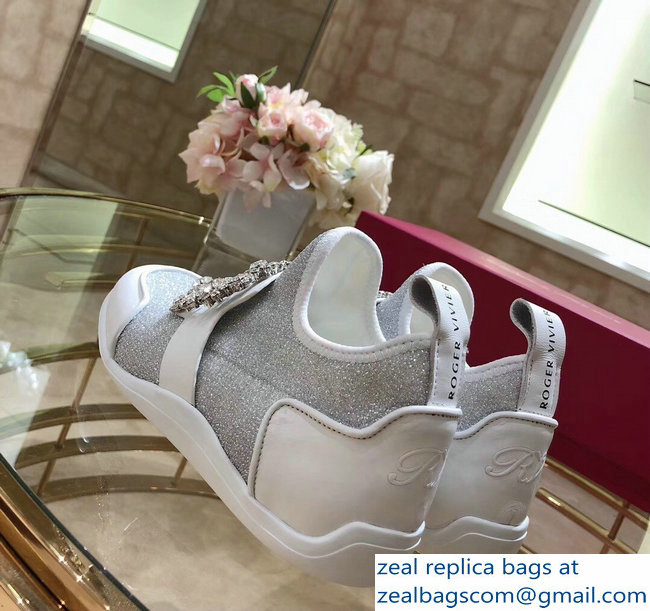 Roger Vivier Sporty Viv' Flower Strass Rivets Buckle Sneakers Glitter Silver 2018 - Click Image to Close