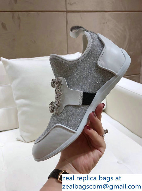 Roger Vivier Sporty Viv' Flower Strass Rivets Buckle Sneakers Glitter Silver 2018 - Click Image to Close