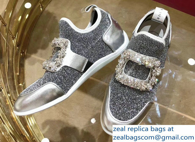 Roger Vivier Sporty Viv' Flower Strass Rivets Buckle Sneakers Glitter Silver Gray 2018