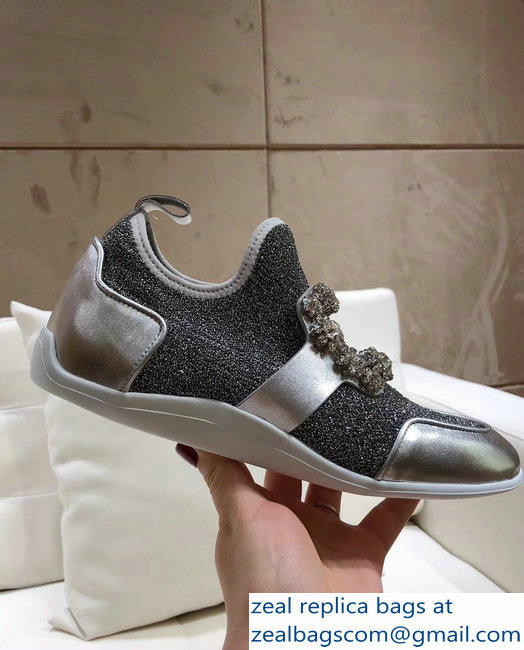 Roger Vivier Sporty Viv' Flower Strass Rivets Buckle Sneakers Glitter Silver Gray 2018 - Click Image to Close