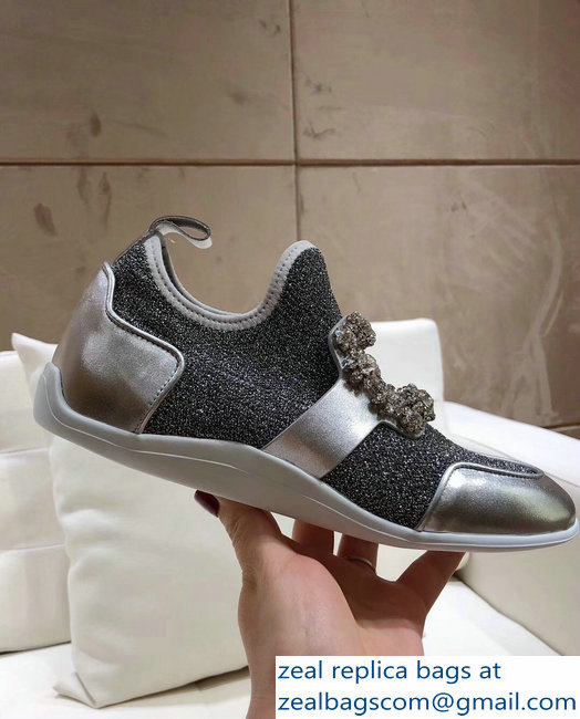 Roger Vivier Sporty Viv' Flower Strass Rivets Buckle Sneakers Glitter Silver Gray 2018