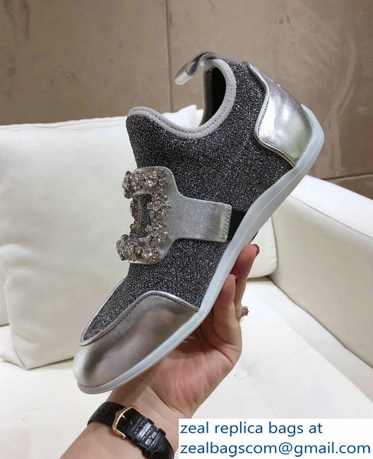 Roger Vivier Sporty Viv' Flower Strass Rivets Buckle Sneakers Glitter Silver Gray 2018 - Click Image to Close