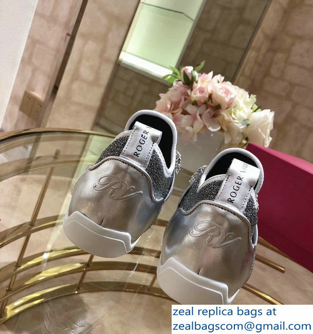 Roger Vivier Sporty Viv' Flower Strass Rivets Buckle Sneakers Glitter Silver Gray 2018
