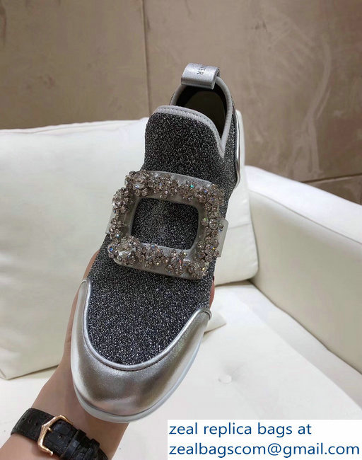 Roger Vivier Sporty Viv' Flower Strass Rivets Buckle Sneakers Glitter Silver Gray 2018 - Click Image to Close