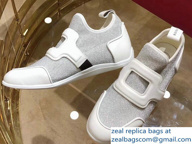 Roger Vivier Sporty Viv' Leather Buckle Sneakers Glitter Silver 2018 - Click Image to Close