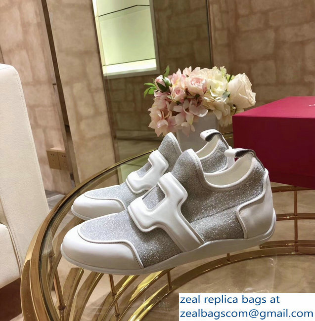 Roger Vivier Sporty Viv' Leather Buckle Sneakers Glitter Silver 2018 - Click Image to Close