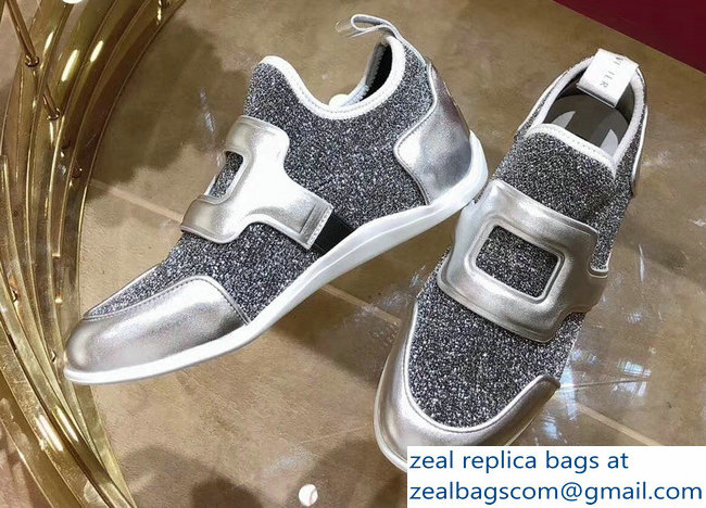 Roger Vivier Sporty Viv' Leather Buckle Sneakers Glitter Silver Gray 2018