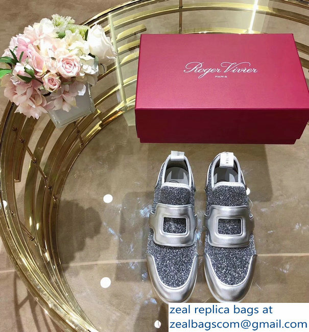 Roger Vivier Sporty Viv' Leather Buckle Sneakers Glitter Silver Gray 2018 - Click Image to Close