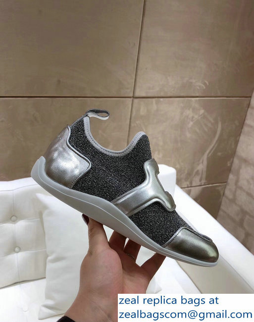 Roger Vivier Sporty Viv' Leather Buckle Sneakers Glitter Silver Gray 2018