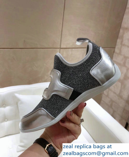 Roger Vivier Sporty Viv' Leather Buckle Sneakers Glitter Silver Gray 2018