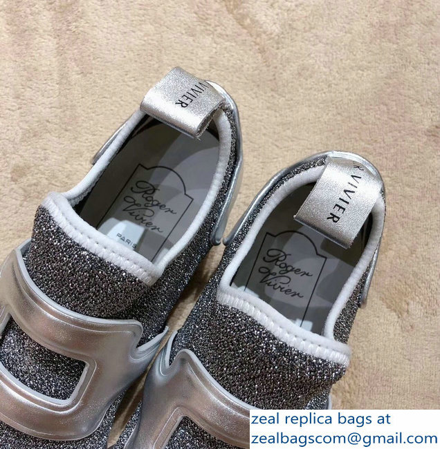 Roger Vivier Sporty Viv' Leather Buckle Sneakers Glitter Silver Gray 2018