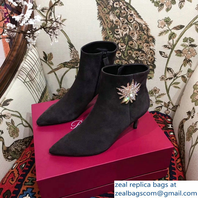 Roger Vivier Suede Sin Star Strass Ankle Boots Dark Gray 2018