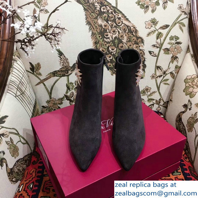 Roger Vivier Suede Sin Star Strass Ankle Boots Dark Gray 2018