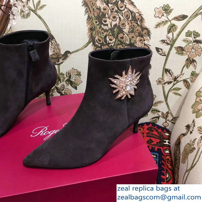 Roger Vivier Suede Sin Star Strass Ankle Boots Dark Gray 2018 - Click Image to Close