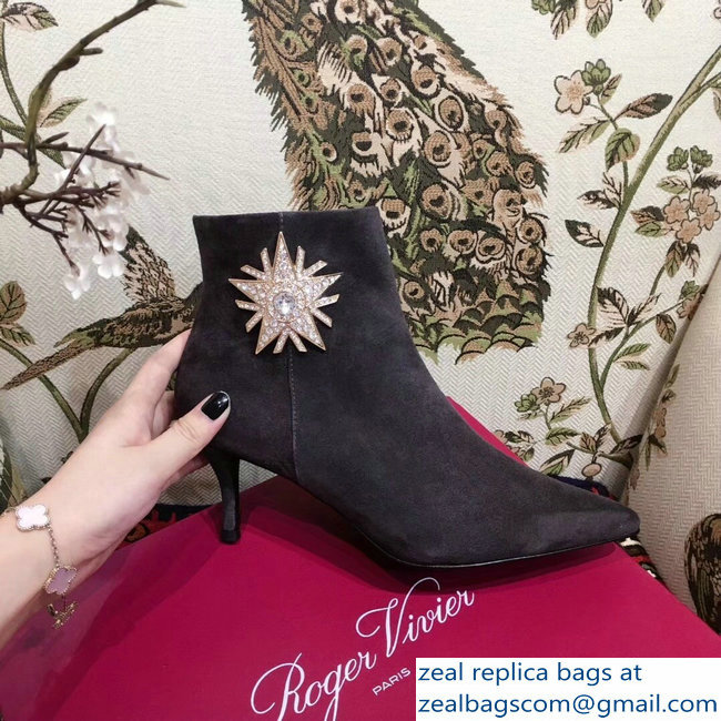 Roger Vivier Suede Sin Star Strass Ankle Boots Dark Gray 2018 - Click Image to Close