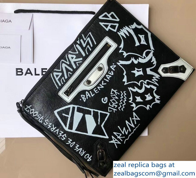 Balenciaga Classic Graffiti Leather Pouch Clutch Bag Black/White