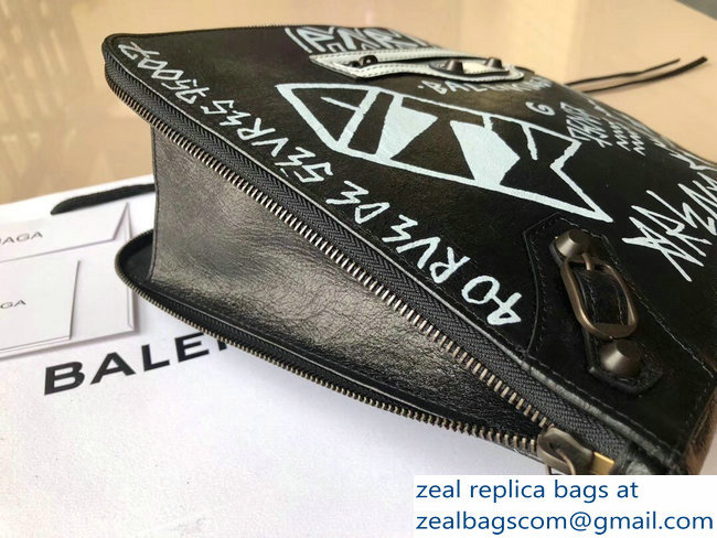 Balenciaga Classic Graffiti Leather Pouch Clutch Bag Black/White