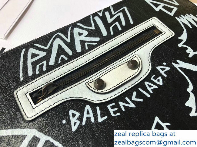 Balenciaga Classic Graffiti Leather Pouch Clutch Bag Black/White