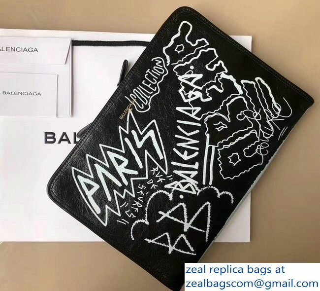 Balenciaga Graffiti Bazar Zipped Pouch Clutch Bag Black/White - Click Image to Close