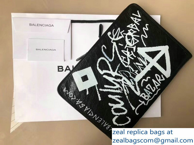 Balenciaga Graffiti Bazar Zipped Pouch Clutch Bag Black/White - Click Image to Close