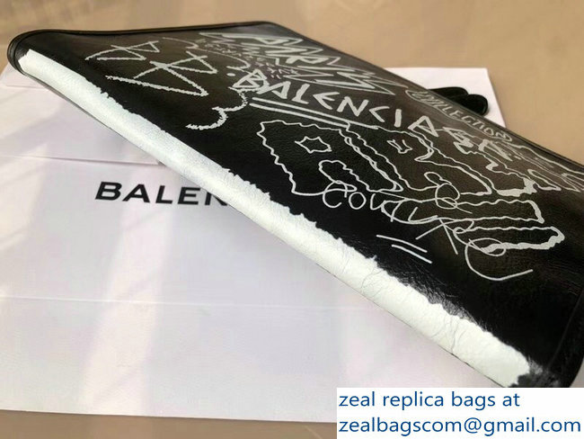 Balenciaga Graffiti Bazar Zipped Pouch Clutch Bag Black/White
