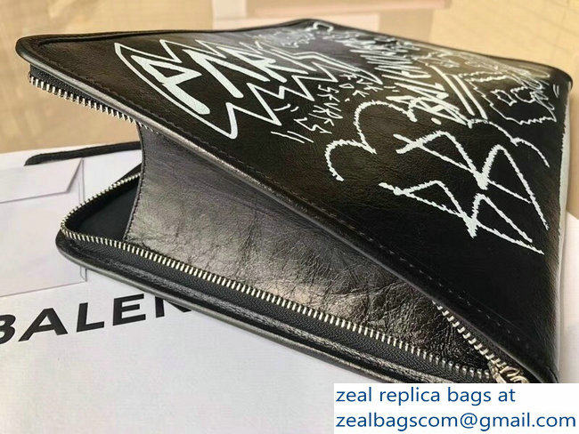 Balenciaga Graffiti Bazar Zipped Pouch Clutch Bag Black/White - Click Image to Close