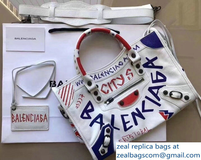 Balenciaga Graffiti Classic Small City Bag White/Red/Blue 2018 - Click Image to Close