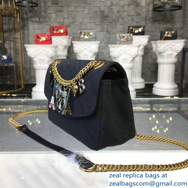 Balenciaga Jacquard Logo BB Round S Charms Chain Shoulder Bag Black 2018