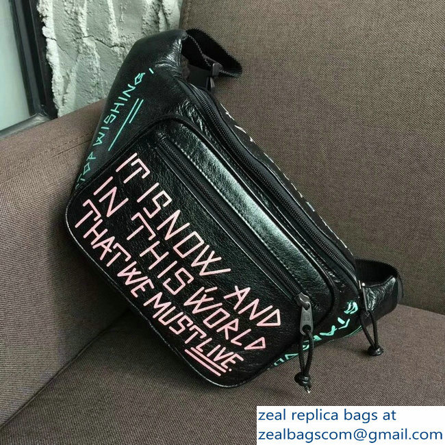 Balenciaga Leather Belt Pack Bag Explorer Graffiti Print Black/Pink