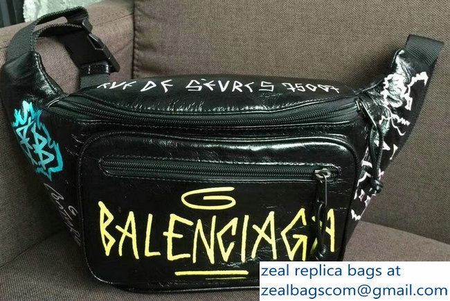 Balenciaga Leather Belt Pack Bag Explorer Graffiti Print Black/Yellow