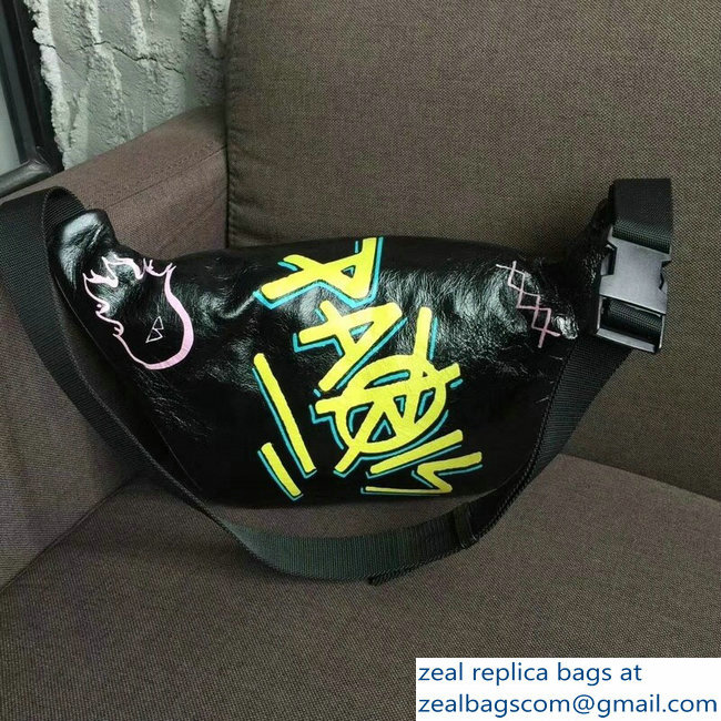 Balenciaga Leather Belt Pack Bag Explorer Graffiti Print Black/Yellow - Click Image to Close