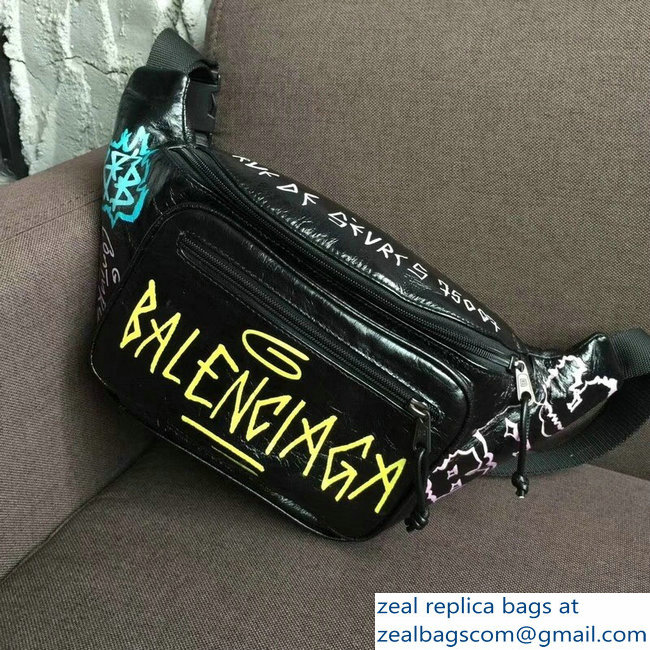 Balenciaga Leather Belt Pack Bag Explorer Graffiti Print Black/Yellow - Click Image to Close