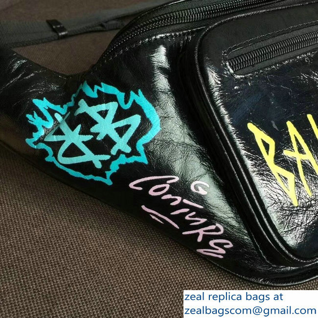 Balenciaga Leather Belt Pack Bag Explorer Graffiti Print Black/Yellow - Click Image to Close