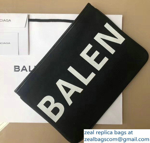 Balenciaga Logo Print Cotton Canvas Pouch Clutch Bag Black/White 2018 - Click Image to Close