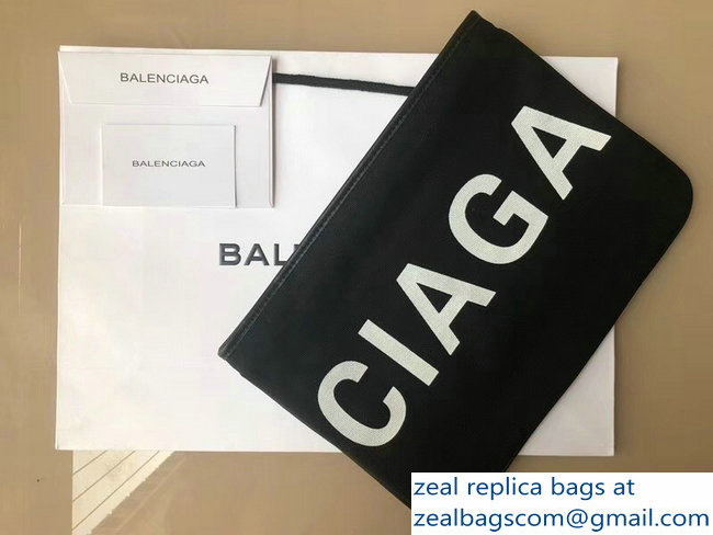 Balenciaga Logo Print Cotton Canvas Pouch Clutch Bag Black/White 2018 - Click Image to Close