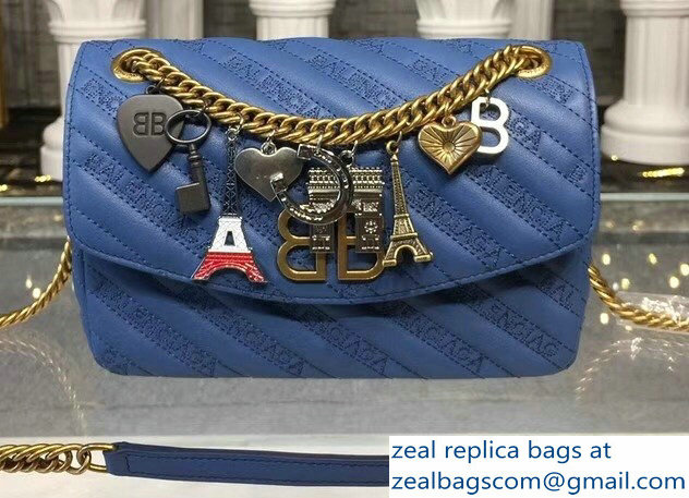 Balenciaga Matelasse Embroidered Logo BB Round S Charms Chain Shoulder Bag Blue 2018 - Click Image to Close