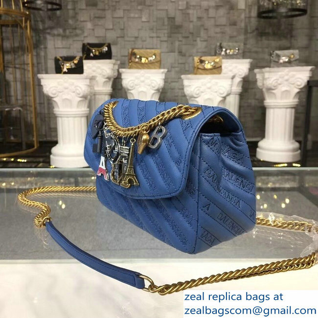 Balenciaga Matelasse Embroidered Logo BB Round S Charms Chain Shoulder Bag Blue 2018 - Click Image to Close