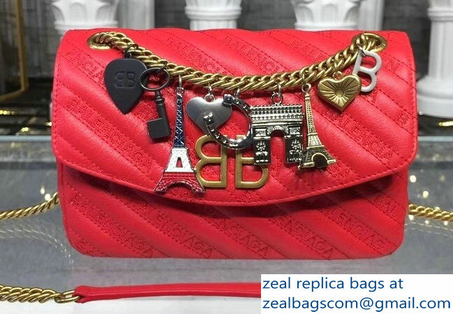 Balenciaga Matelasse Embroidered Logo BB Round S Charms Chain Shoulder Bag Red 2018 - Click Image to Close