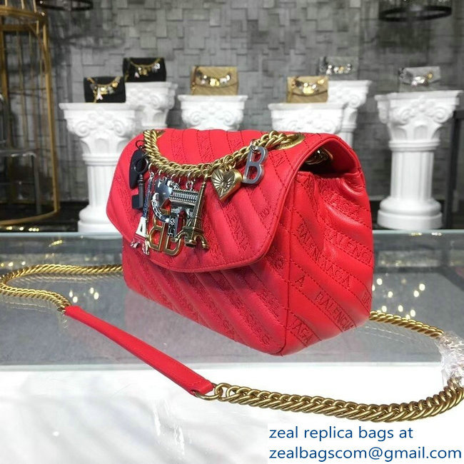 Balenciaga Matelasse Embroidered Logo BB Round S Charms Chain Shoulder Bag Red 2018 - Click Image to Close