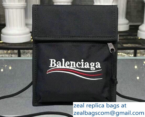 Balenciaga Nylon Explorer Pouch Small Crossbody Phone Bag Political Campain Logo Black with Shoulder Strap 2018 - Click Image to Close