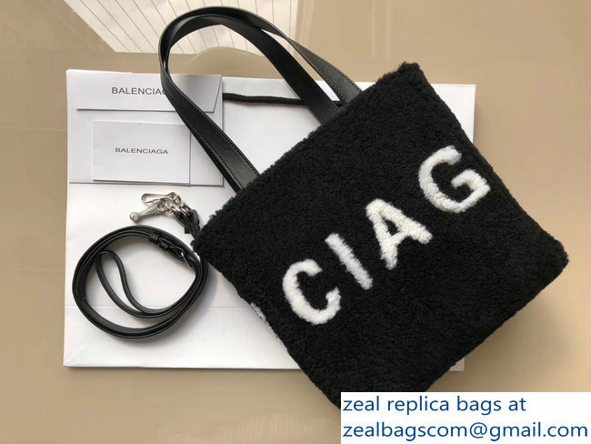 Balenciaga Shearling Shopper Tote Small Bag Logo Black 2018 - Click Image to Close