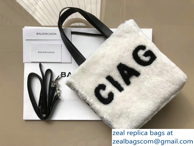 Balenciaga Shearling Shopper Tote Small Bag Logo White 2018 - Click Image to Close